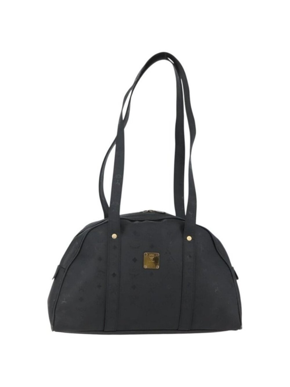 Authentic MCM Vicetos Logogram Shoulder Bag PVC Leather Black Gold
